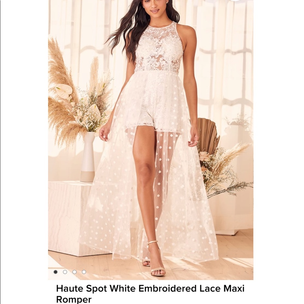 Worn one time, Lulus Haute Spot White Embroidered Romper. Size XL.